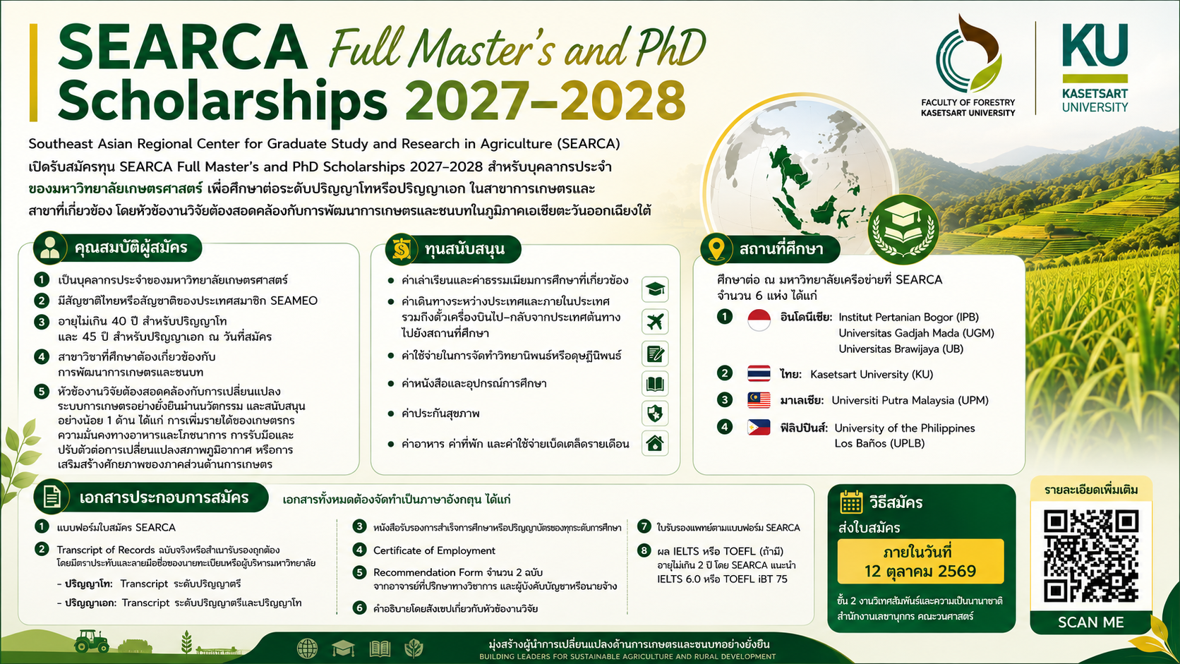 SEARCA เปิดรับสมัครทุน Full Master’s and PhD Scholarships 2027–2028